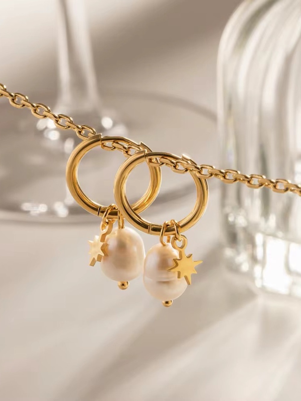 18K Gold Plated Freshwater Pearl Star Charm Hoop Earrings - Picture 7 of 9